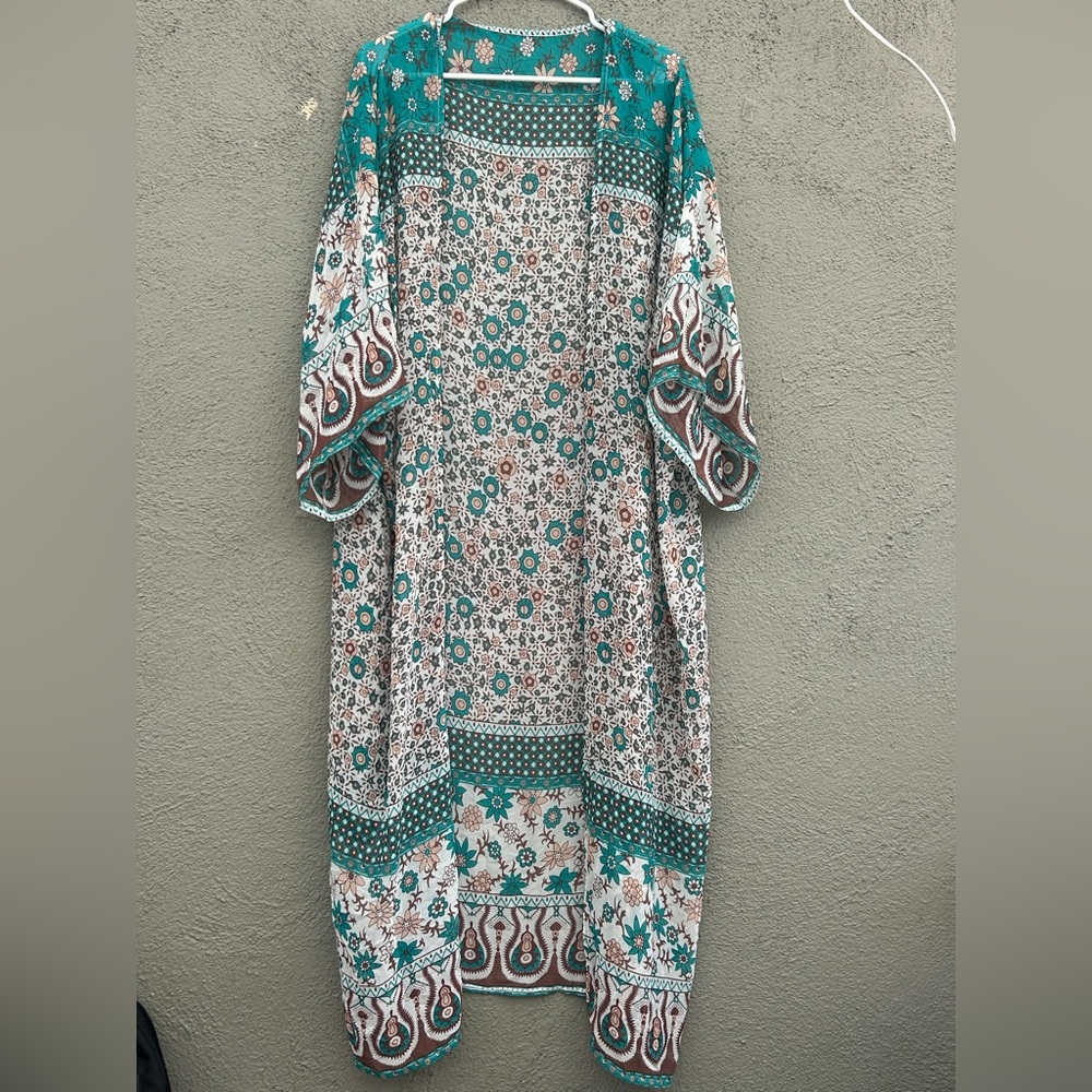 Boho Floral Paisley Kimono Duster Teal Brown Maxi Cardigan Beach Coverup OS
